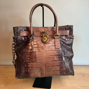 Michael Kors Hamilton Crocodile Embossed Leather Tote Bag Bronze Brown Satchel